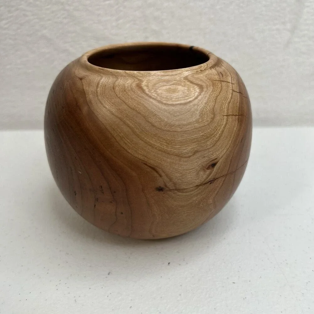 Wooden Mid Century Modern Hand Carved‎ Round Hollow Form Wood Vase Crown Sign